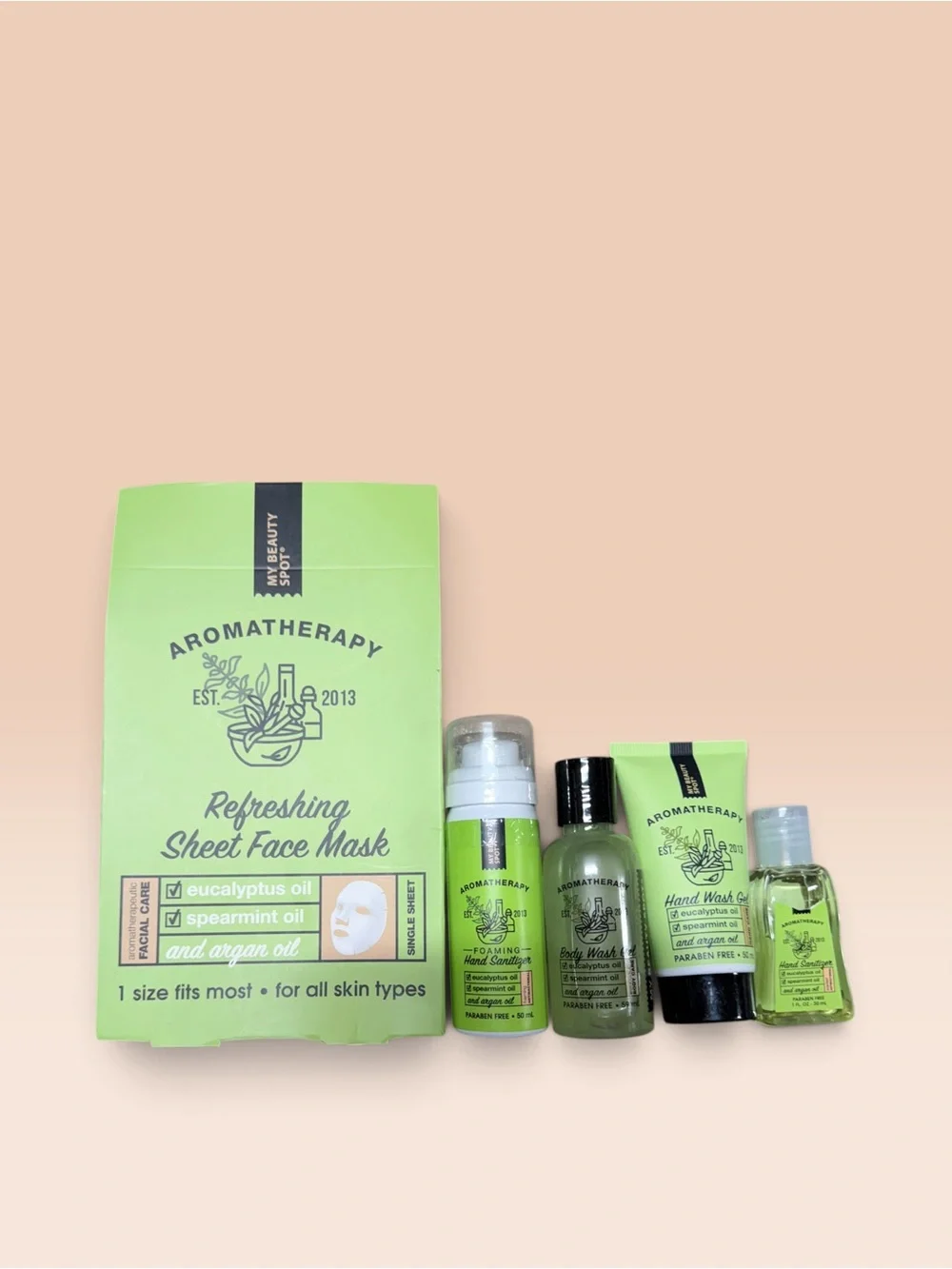 MY BEAUTY SPOT Eucalyptus Spearmint Travel Toiletries Set w/ Mask Paraben-Free